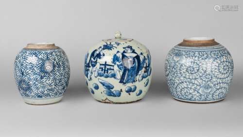 Three Chinese porcelain jars, Kangxi - Guangxu period, each painted in underglaze blue with peony, chrysanthemum, and figures and bats, 19cm, 18cm, and 21cm high