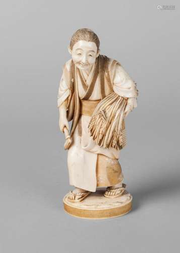 A Japanese ivory okimono of a farmer, Meiji period, carved standing with a bundle of corn, signed to red lacquer tab in base, 16cm high