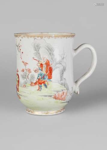 A Chinese export porcelain mug, Qianlong period, finely painted in famille rose enamels with immortals in a landscape beneath blossoming prunus, 15.5cm high