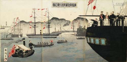 A Japanese WWII colour woodblock print, depitcing a Japanese fleet, 35cm x 71cm