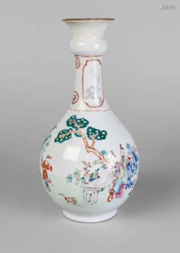 A Chinese export porcelain bottle vase, Qianlong period, painted in famille rose enamels with figures in a garden landscape, unmarked, 24cm high
