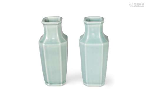 A pair of Chinese monochrome porcelain square vases, Tongzhi marks and period, with pale celadon glaze throughout and canted corners, broad unglazed foot, underglaze six-character mark, 31cm high