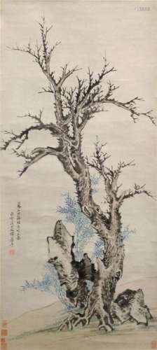 YUN SHOUPING (Manner of, Chinese, 1633-1690), 'Dead Tree', bare tree and bamboo issuing from a rock, ink and watercolour, hanging scroll, bears seal 'Shouping', four collector's seals, 108cm x 48cm
