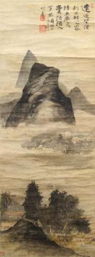 SHI TAO (Manner of, Chinese, 1642-1707), landscape, ink and colour on paper, hanging scroll, inscribed with a poem by Song dynasty poet Guo Xiangzheng, 134cm x 49cm
