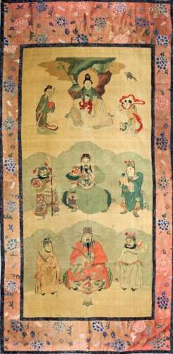 A large Chinese kesi panel, late 18th/early 19th century, decorated with two emperors and and empress, with attendants bearing gifts, inside a chrysanthemum decorated border, 180cm x 87cm (VAT charged on hammer price)