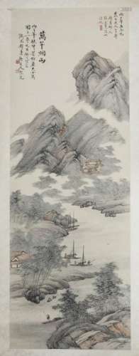 20th century Chinese School, mountain landscape with fishing boats, watercolour on paper, hanging scroll, three red seals, artist's colophon to upper right and left, 140cm x 46cm