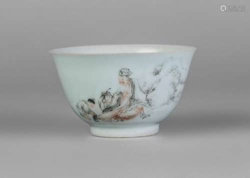 A Chinese porcelain tea bowl, Yongzheng mark but later, painted in iron red and en grisaille with a seated scholar and a boy, underglaze blue six-character mark within a double circle, 5.5cm high Provenance: Bernheimer Collection paper label, ref. M167612