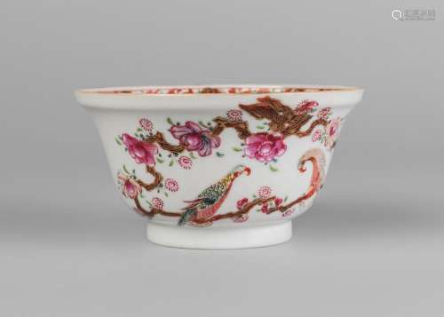 A Chinese export porcelain bowl, Qianlong period, painted in famille rose enamels with exotic birds perched on blossoming prunus branches, unmarked, 6cm high, 12cm diameter