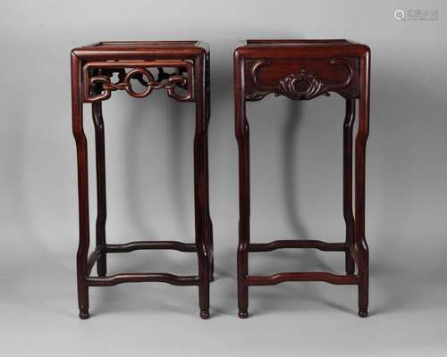 Two similar Chinese hardwood square tables, c.1900, one pierced to the frieze with archaistic design, 55cm high, 25cm wide