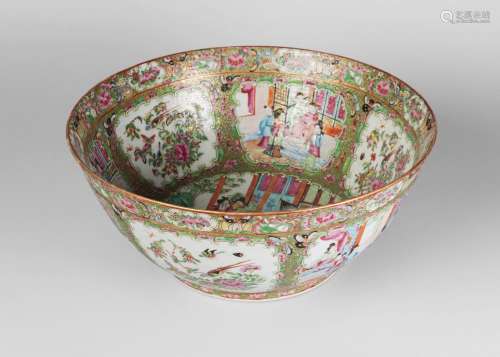 A large Chinese Canton porcelain punch bowl, mid-19th century, painted in famille rose enamels with panels of figures at court, and birds amidst floral sprays, on a densely painted ground decorated with butterflies and meandering flowering scrolls, 36cm diameter, 15.5cm high