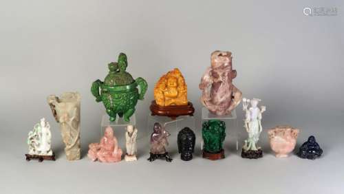 A collection of Chinese hardstone carvings, 19th-20th century, to include a pink quartz vase and cover, a lapis carving of Budai etc.