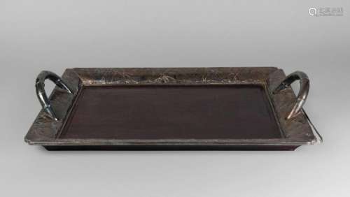 A Chinese huali wood and silver mounted twin handled tray, early 20th century, with simulated bamboo handles and wide, silver mounted rims embossed with bamboo, 54cm x 40cm