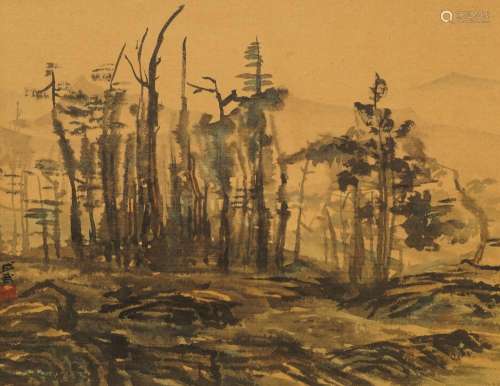 FEI CHENGWU (1914-), 'Trees With Distant Mountains', ink and watercolour on paper, signed lower left, 29cm x 38cm Provenance: Leicester Galleries Label, Exhibited March 1958 no.26