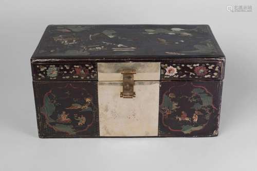 A Chinese papier mache and painted lacquer box, 18th century, the hinged lid enclosing lift-out tray, painted with figures in a landscape, three in a boat, the sides painted with panels of figures,