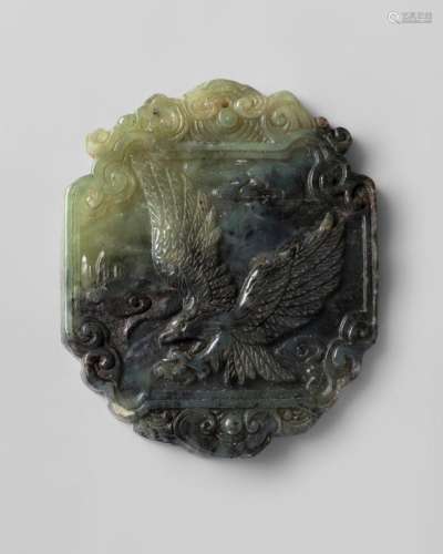 A Chinese green hardstone pendant plaque, late Qing dynasty, carved in relief with a hawk in flight, inside a stylised scroll border, 8.5cm x 7cm