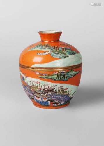 A Chinese porcelain coral ground cup and cover, Tongzhi mark and period, painted in famille rose enamels with a Qing fortification, inscribed in gilt 'Teng Ge Gao Feng', iron red seal mark to cover and base, 12.5cm high