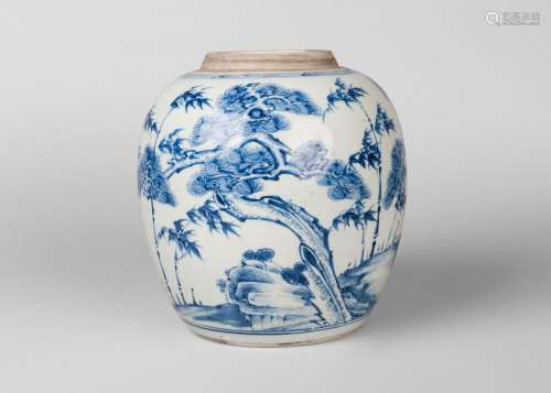 A Chinese porcelain jar, Kangxi period, painted in underglaze blue with the 'three friends of winter', underglaze blue double ring mark to base, 21cm high