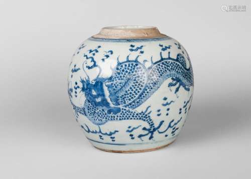 A Chinese porcelain 'dragon' jar, Kangxi, painted in underglaze blue with a dragon chasing a flaming pearl amidst cloud wisps, underglaze blue double ring mark to base, 21cm high