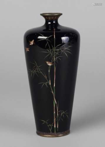 A Japanese cloisonne vase, c.1900, finely decorated with three birds amidst bamboo sprigs, signed to base, 15cm high