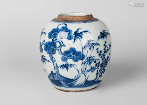A Chinese porcelain 'three friends of winter jar', Kangxi period, painted in underglaze blue with bamboo, prunus, and pine, underglaze blue double ring mark to base, 18.5cm high
