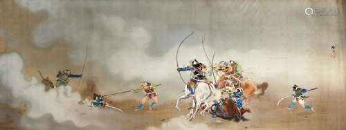 A Japanese painting of mounted samurai fighting archers on a cloudy battlefield, early 20th century, gouache on silk, impressed seal and signature to middle right, 61x 155cm