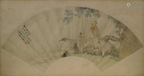 19th century Chinese School, watercolour on paper fan, study of a scholar and a boy fishing on a rock beneath a tree, artist's seal mark and colophon to left, 18cm x 53cm