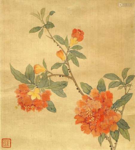 MIAO SUJUN (manner of, Chinese, 1841-1918), blossoming branches, ink and colour on silk, a pair, mounted on hanging scroll, each 19cm x 17cm