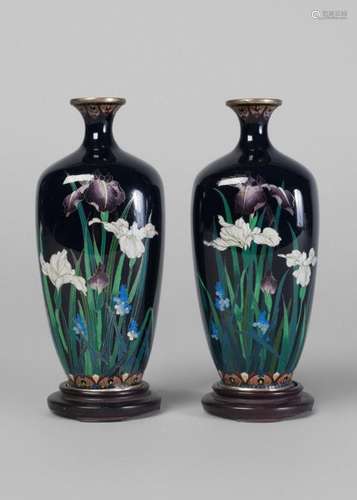 A pair of Japanese cloisonne vases, Meiji period, finely decorated with orchids on a blue ground, signed, 12cm high, wooden stands, wooden box Provenance: Inscribed on label on box 'two cloisonnne vases, purchased in Yokohoma, Japan, 1908, by R.C. Parker, U.S.A. as a present for his mother'