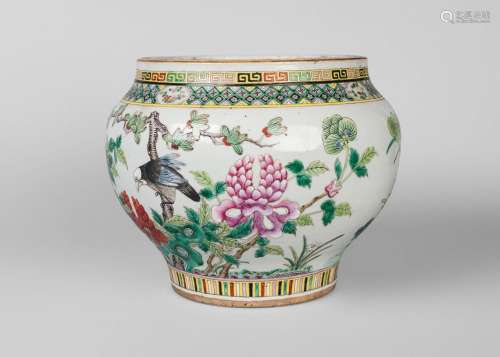 A Chinese export porcelain jardiniere, mid 19th century, painted in famille rose enamels with birds amidst chrysanthemum and ducks amidst lotus, 25cm high, 33cm diameter