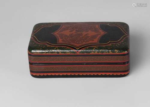 A Chinese Tianqi lacquer 'phoenix' box and cover, late Qing dynasty, the cover carved in low relief with two stylised phoenix inside a lozenge shaped panel, incised to the underside of cover with lingzhi and signed, 16cm x 10cm x 5.5cm