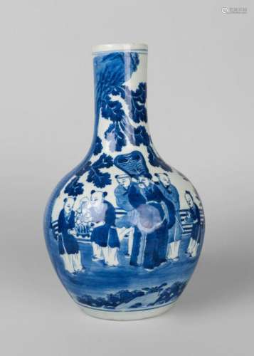 A Chinese porcelain bottle vase, mid 19th century, painted in underglaze blue with children presenting gifts to an official in a garden scene, unmarked, 31cm high