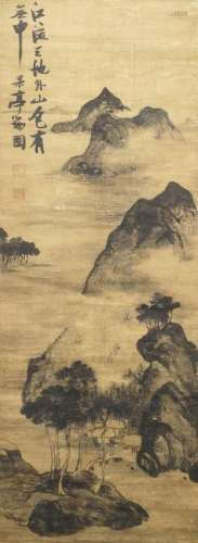 ZHANG RUITU (follower of, Chinese 1570-1644), landscape, ink on silk, hanging scroll, inscribed with part of poem by Tang dynasty poet Wang Wei, signed and with artist's seal, 142cm x 52cm