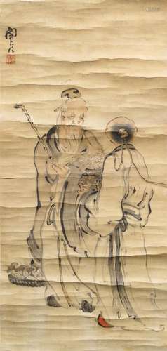 MIN ZHEN (Manner of, 1730-1788), 'Figures', ink and colour on paper, artist's seal mark, 76cm x 35cm