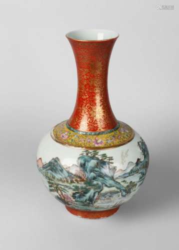 A large Chinese porcelain bottle vase, Republic period, painted in enamels to the body with a continuous extensive landscape, beneath a famille rose border decorated with scrolling lotus blooms on a yellow ground, the neck gilt-painted with scrolling lotus on a coral ground, unmarked, 39cm high