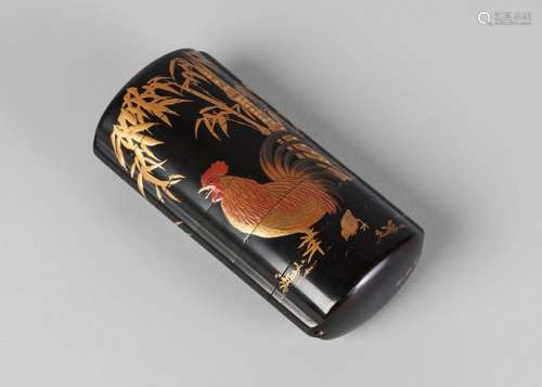 A Japanese six-case lacquer inro, early 20th century, finely decorated in takamaki-e with a rooster, a hen, and two chicks, amongst bamboo, signed, 9.5cm x 5cm