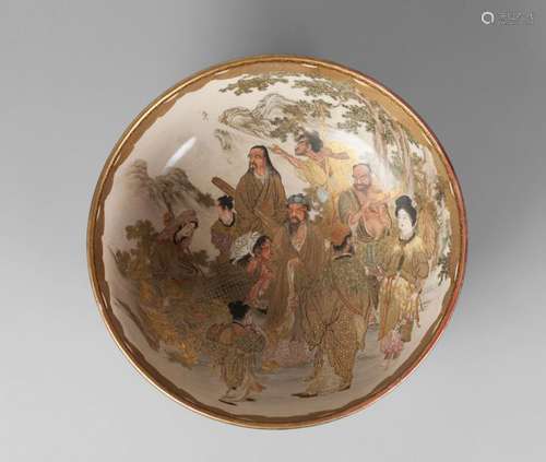 A large Japanese Satsuma bowl, Meiji period, finely painted to the interior with various deities meeting beneath a tree, and with an expansive landscape to the exterior, signed, 30cm diameter, 12cm high