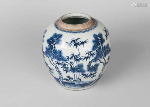 A Chinese porcelain 'three friends of winter' jar, Kangxi period, painted in underglaze blue with pine, prunus, and bamboo, underglaze blue double ring mark, 20cm high