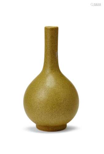 A Chinese porcelain 'eel-skin' glazed bottle vase, Qianlong mark and period, with yellow olive speckled glaze throughout, impressed mark to base, 22cm high