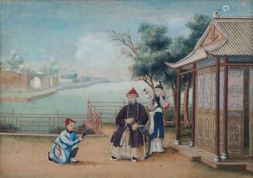 19th century Chinese Export School, official beside two attendants outside a temple, painting on wood panel, 31cm x 42cm, in glazed gilt frame