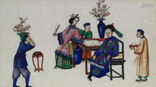 A pair of Chinese pith paper paintings, late Qing dynasty, painted with figures taking tea, 13cm x 25cm, 17cm x 24cm