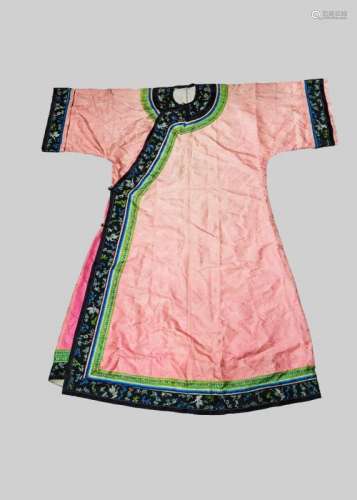 A Chinese silk embroidered robe, 20th century, decorated with prunus blossom on a pink ground, with embrodered trim decorated with cranes, prununs and bamboo