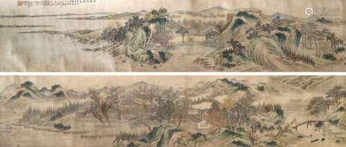 WEN CONGCHANG (manner of, Chinese, Active 1593-1617), 'Figures reading and studying in an Autumn Forest', ink and watercolour on paper, handscroll, bears artist's seal and signature with colophon, 27cm x 255cm, with ivory toggle Provenance: Private South of England Collection