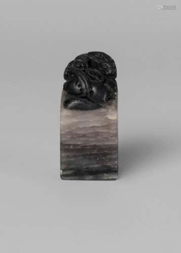 A Chinese soapstone seal, 20th century, carved with a Buddhist lion, the stone of bluish-grey tone, 6cm high