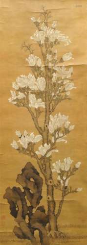 JIANG TINGXI (attributed to, Chinese, 1669-1732), magnolia, ink and colour on silk, artist's seal and collector's seal, 121cm x 42cm