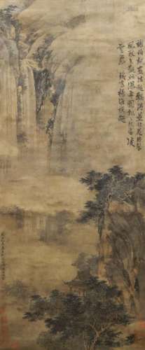 XIE BOCHENG, (Manner of, Chinese, 1269-1354), figure in landscape watching a waterfall, ink and colour on paper, hanging scroll, inscribed with colophon, bears artist's seal mark, eight collector's seals including Xiao Shoumin, An Lucun, and Liang Qingbiao, 113cm x 46cm, with fine robin's egg glazed porcelain scroll ends