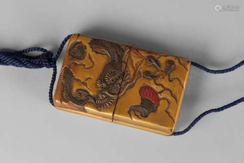 A Japanese lacquer two case inro, late 19th century, carved with a dragon emerging from a cloud, unsigned, 7cm x 4.5cm