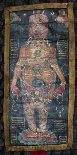 A Tibetan gouache on cotton thangka of The Cosmic Man, 19th century, painted with the three realms; heaven, earth, and the underworld, 101cm x 44cm, on silk mount