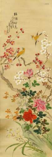 Early 20th century Chinese School, birds amongst flowers, a pair, ink and colour on silk, 62cm x 20cm