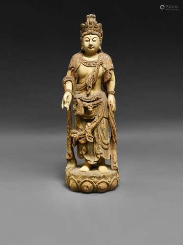 A large Chinese Jin style polychrome wood carving of Guanyin, Qing dynasty, 18th century, her hair in high chignon, her crown set with small Bodhisattva, standing on lotus plinth, 130cm high