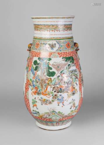 A large Chinese porcelain hu vase, mid-19th century, painted in famille verte enamels with two main panels to the body depicting warring soldiers on foot and horseback, moulded with Buddhist lion mask and ring handles, unmarked, 51cm high